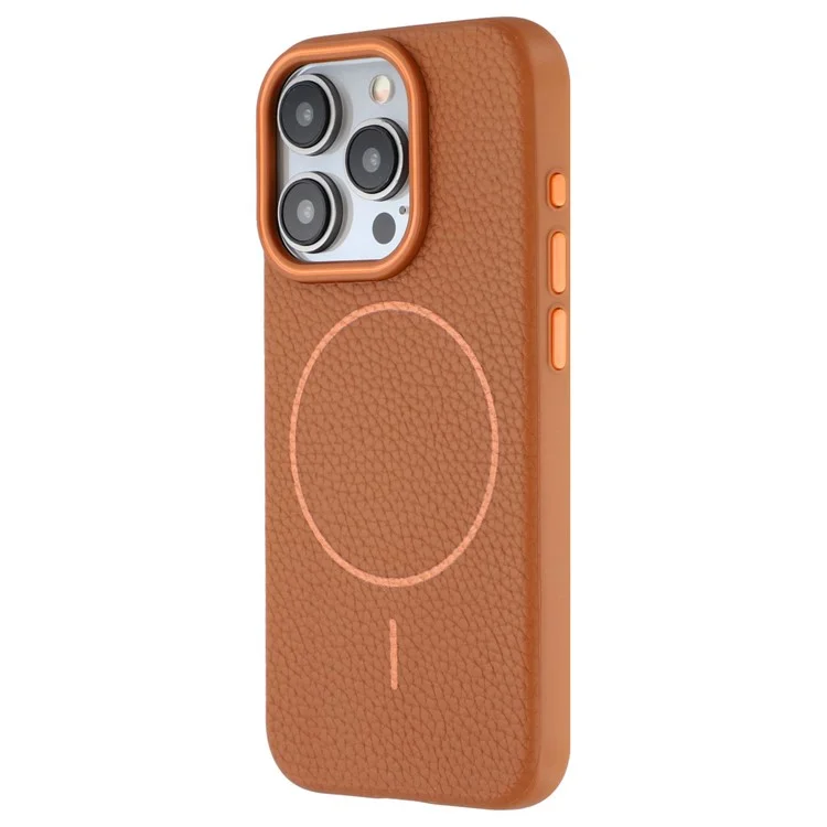 For iPhone 15 Pro Magnetic Case Litchi Texture TPU Phone Cover Compatible with MagSafe - Brown