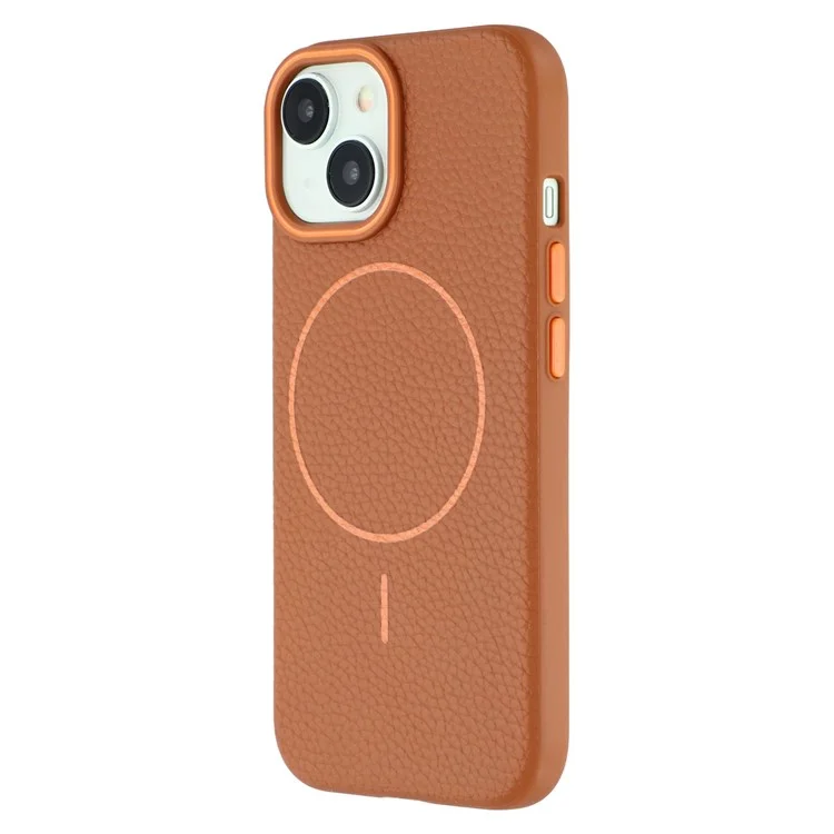 For iPhone 14 Magnetic Case Litchi Texture TPU Phone Cover Compatible with MagSafe - Brown