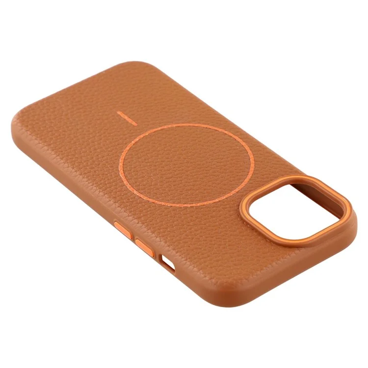 For iPhone 14 Magnetic Case Litchi Texture TPU Phone Cover Compatible with MagSafe - Brown