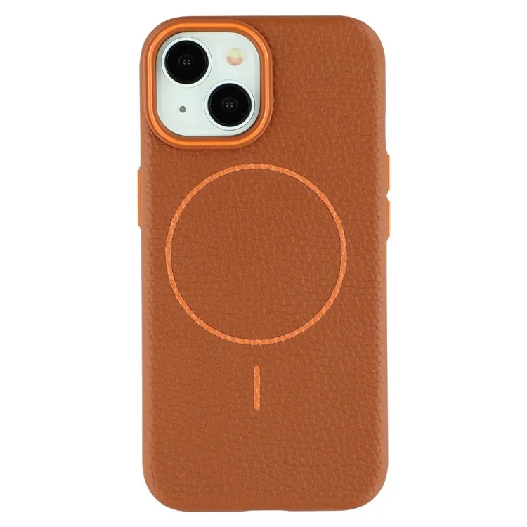 For iPhone 15 Magnetic Case Litchi Texture TPU Phone Cover Compatible with MagSafe - Brown