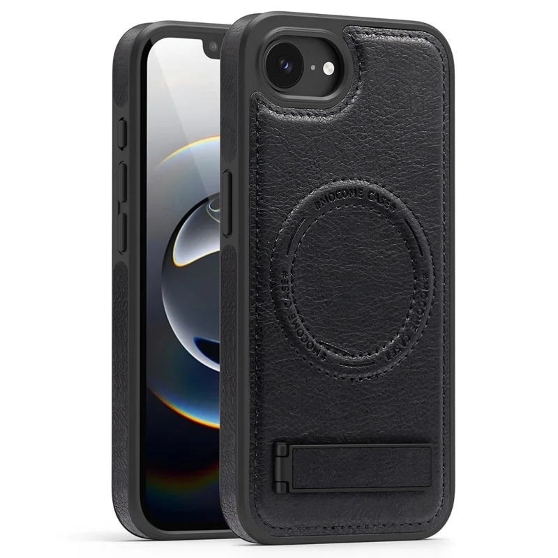 For iPhone 16e Case Compatible with MagSafe Kickstand Leather Phone Back Cover  - Black