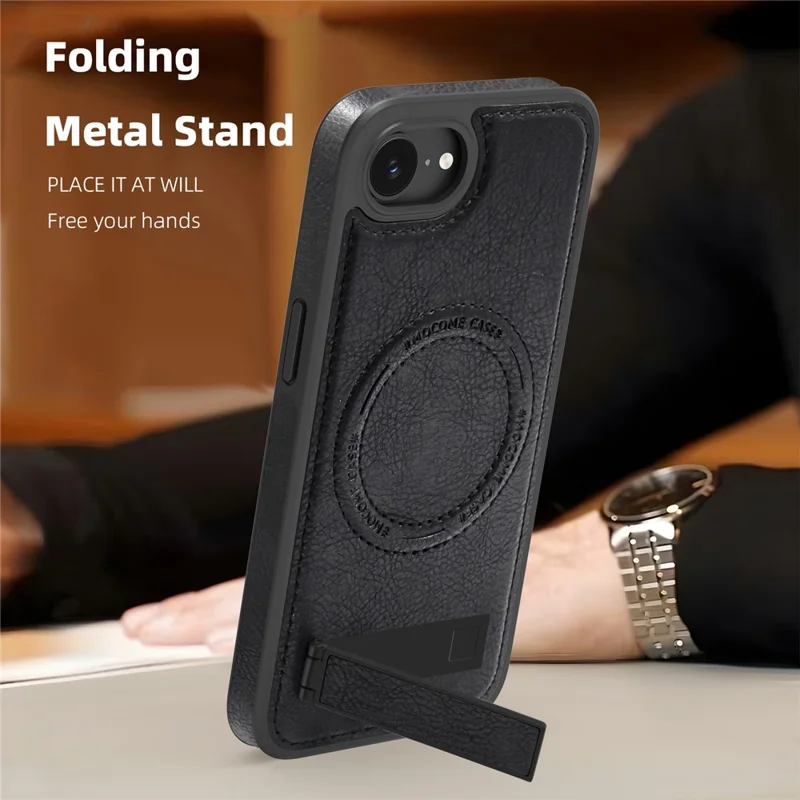 For iPhone 16e Case Compatible with MagSafe Kickstand Leather Phone Back Cover  - Black