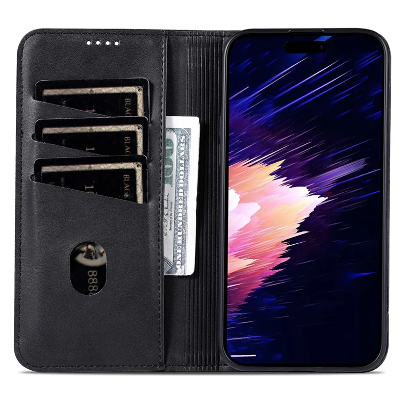 AZNS For iPhone 16e Case Cowhide Texture PU Leather Wallet Phone Cover - Black