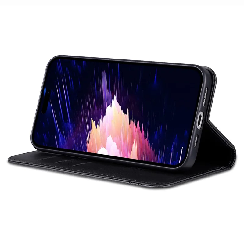 AZNS For iPhone 16e Case Cowhide Texture PU Leather Wallet Phone Cover - Black