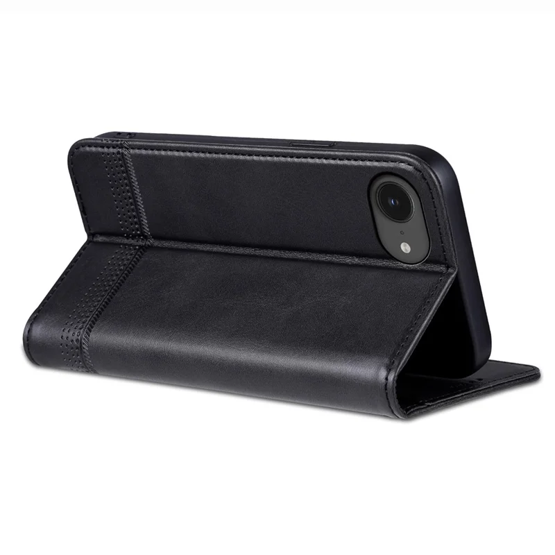 AZNS For iPhone 16e Case Cowhide Texture PU Leather Wallet Phone Cover - Black