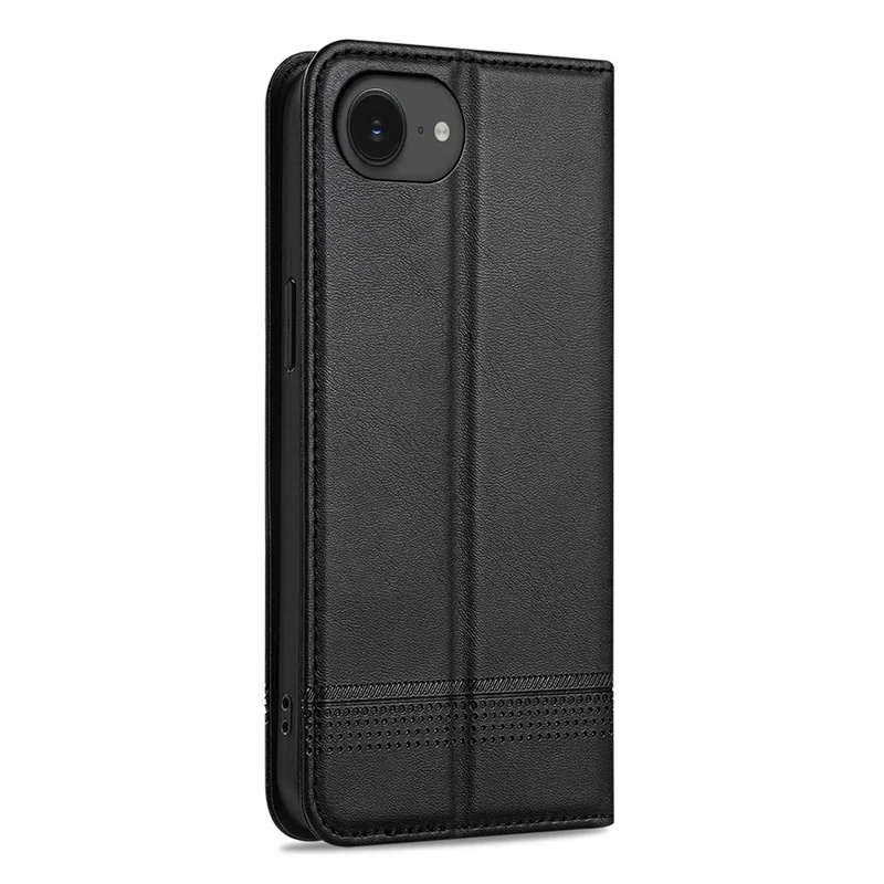AZNS For iPhone 16e Case Cowhide Texture PU Leather Wallet Phone Cover - Black
