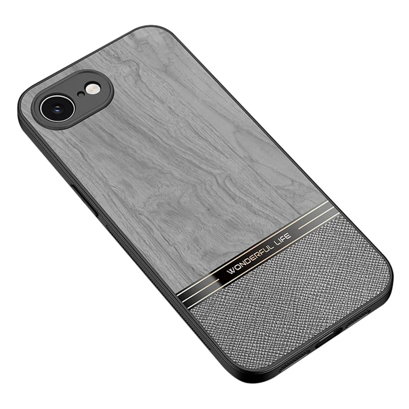 For iPhone 16e Case Wood Texture Leather + TPU Protective Phone Cover - Grey