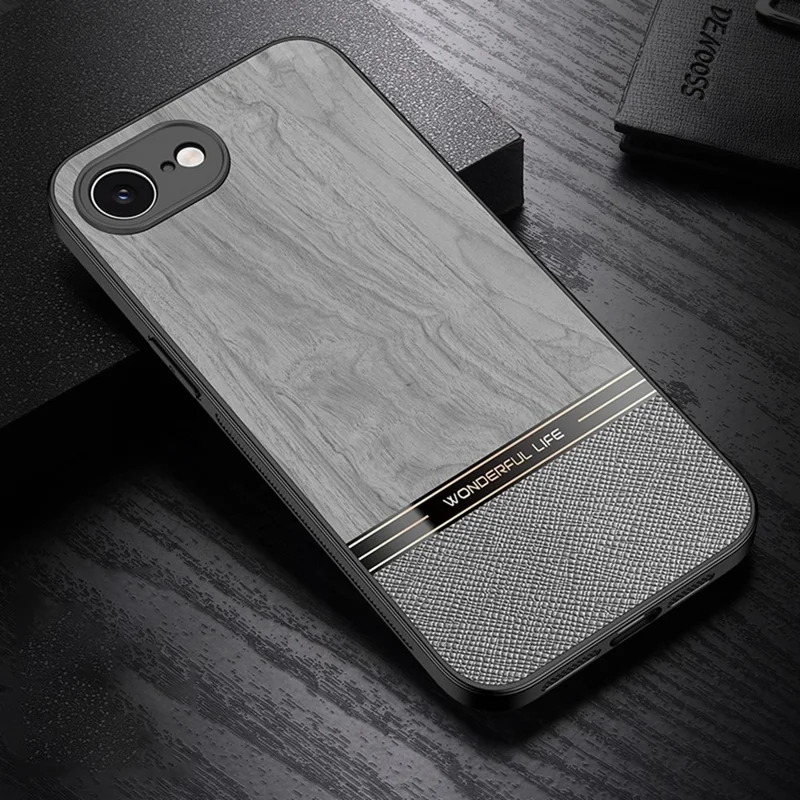 For iPhone 16e Case Wood Texture Leather + TPU Protective Phone Cover - Grey