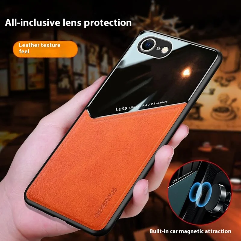 For iPhone 16e Case Leather Coated PC+TPU Phone Back Cover - Orange