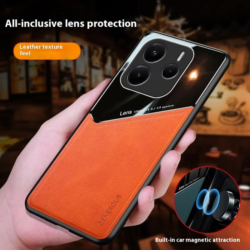 For Xiaomi Redmi Note 14 5G Case Leather Coated PC + TPU Phone Back Cover - Orange