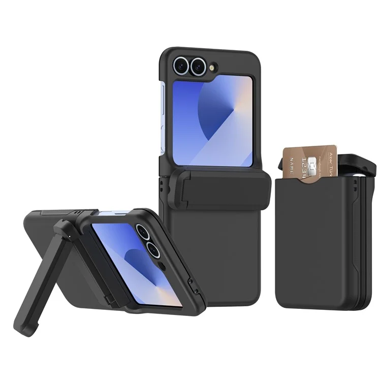For Samsung Galaxy Z Flip5 5G Case Spring Hinge Kickstand PC Folding Phone Cover with Card Slot - Black