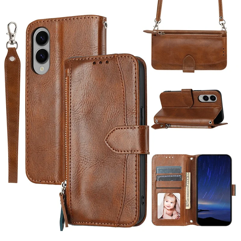 For Samsung Galaxy S25 Edge Case Zipper Pocket Leather Phone Cover with Crossbody Shoulder Strap - Brown