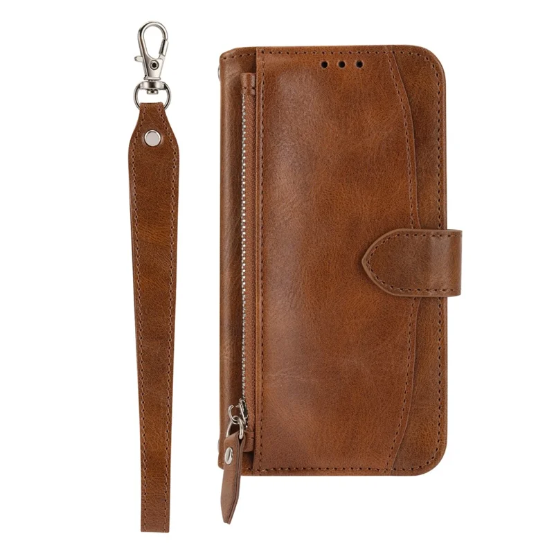 For Samsung Galaxy S25 Edge Case Zipper Pocket Leather Phone Cover with Crossbody Shoulder Strap - Brown