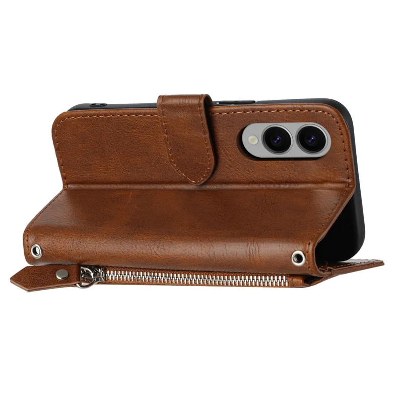 For Samsung Galaxy S25 Edge Case Zipper Pocket Leather Phone Cover with Crossbody Shoulder Strap - Brown
