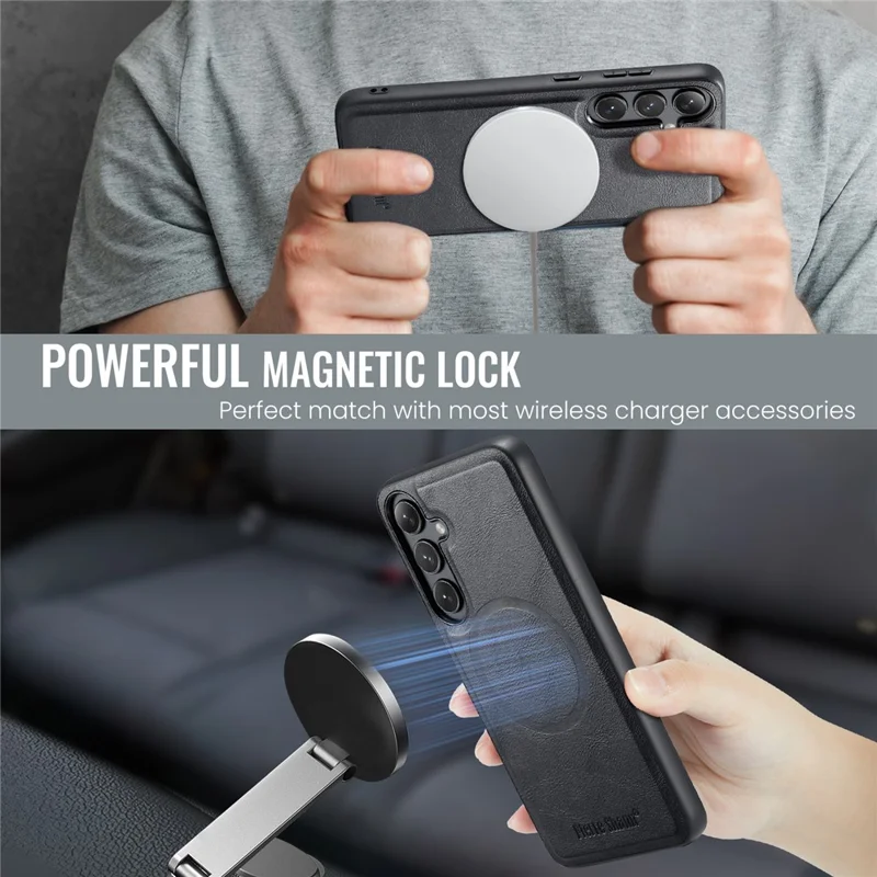 FIERRE SHANN 027 Étui Compatible avec MagSafe pour Samsung Galaxy S25 en Cuir + TPU - Noir