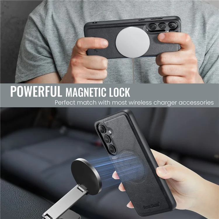 FIERRE SHANN 027 Cover per Samsung Galaxy S25+ Compatibile con MagSafe in Pelle + TPU - Nero