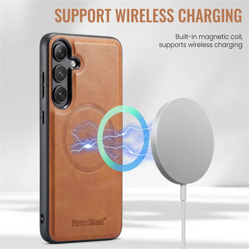 FIERRE SHANN 027 For Samsung Galaxy S24 FE Magnetic Case Leather + TPU Phone Cover - Brown