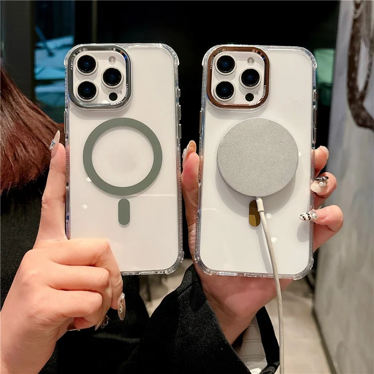 For iPhone 16 Pro Max Magnetic Case PC TPU Shockproof Protection Phone Cover Compatible with Magsafe - Transparent Coffee