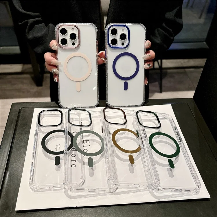 For iPhone 16 Pro Max Magnetic Case PC TPU Shockproof Protection Phone Cover Compatible with Magsafe - Transparent Coffee