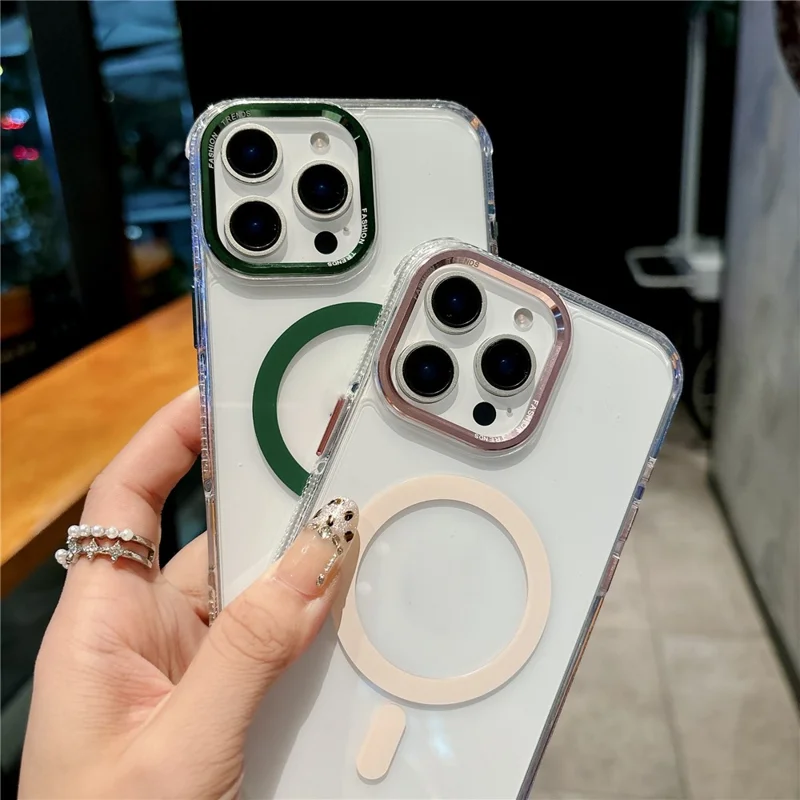For iPhone 16 Pro Magnetic Case PC TPU Shockproof Protection Phone Cover Compatible with Magsafe - Transparent Coffee