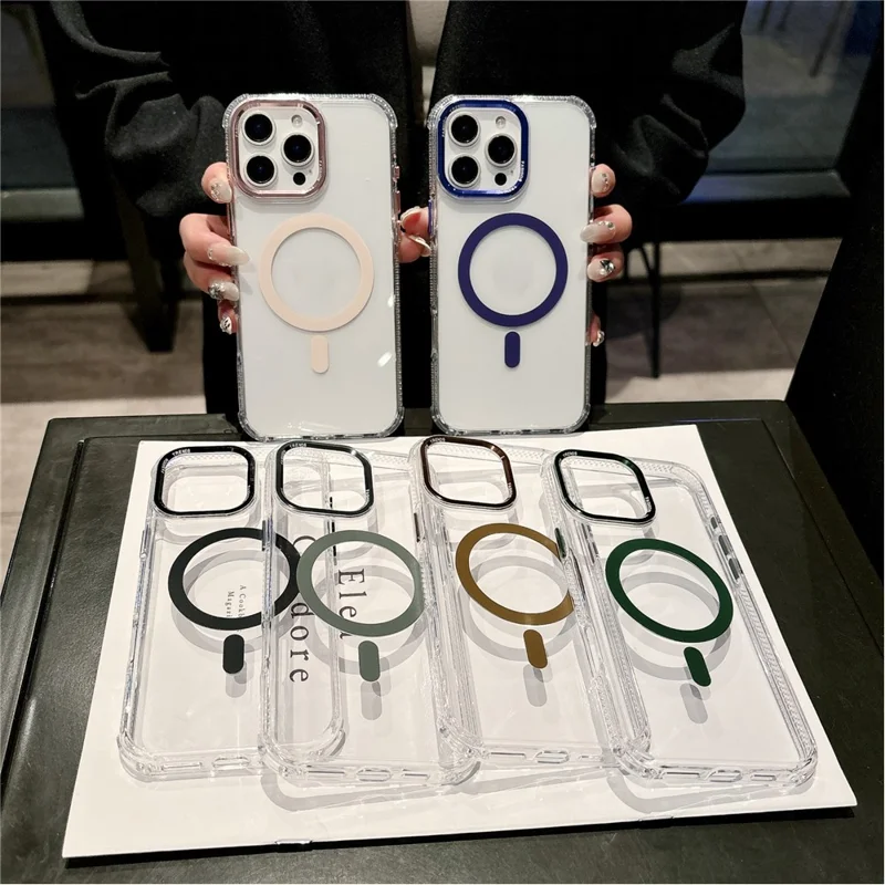 For iPhone 16 Pro Magnetic Case PC TPU Shockproof Protection Phone Cover Compatible with Magsafe - Transparent Coffee
