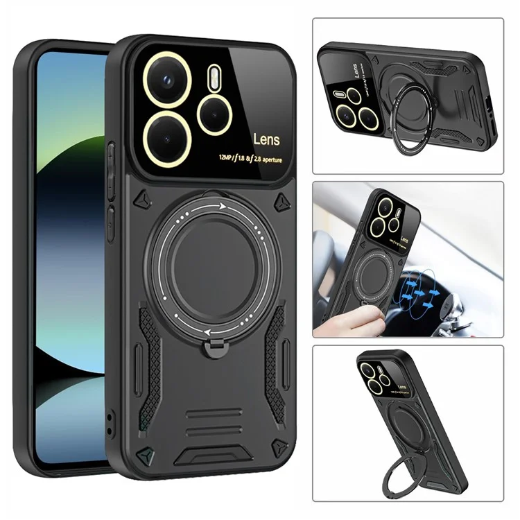 For Xiaomi Redmi Note 14 4G (163.25x76.55x8.16mm) Case Rotating Magnetic Kickstand PC + TPU Phone Cover - Black