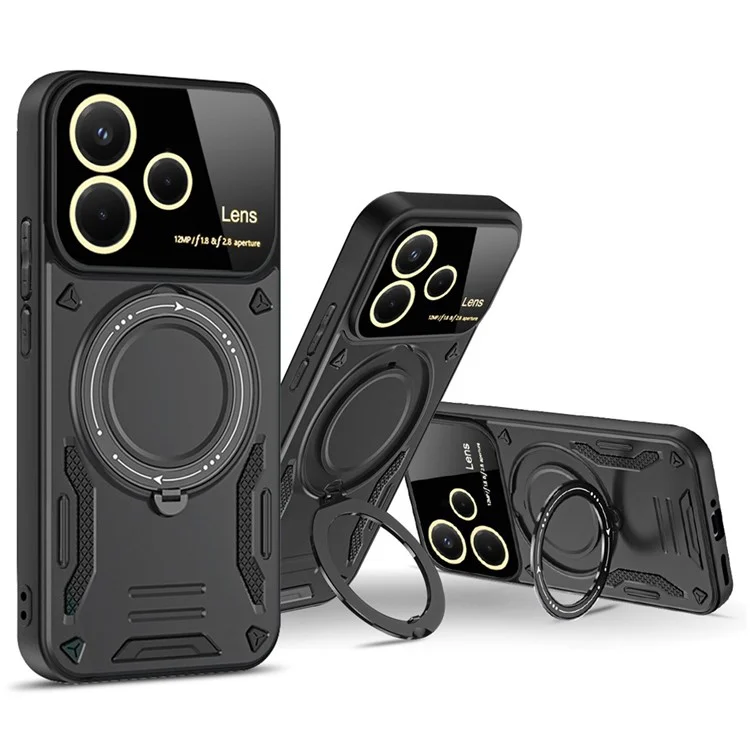 Pour Xiaomi Redmi Note 14 5G Étui avec Support Magnétique Rotatif PC + TPU Housse de Téléphone - Noir