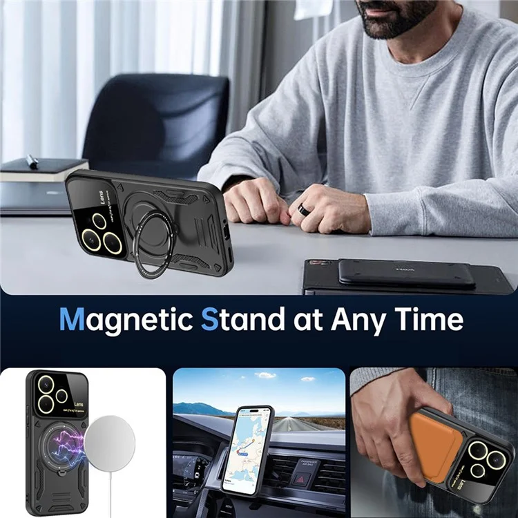 Pour Xiaomi Redmi Note 14 5G Étui avec Support Magnétique Rotatif PC + TPU Housse de Téléphone - Noir
