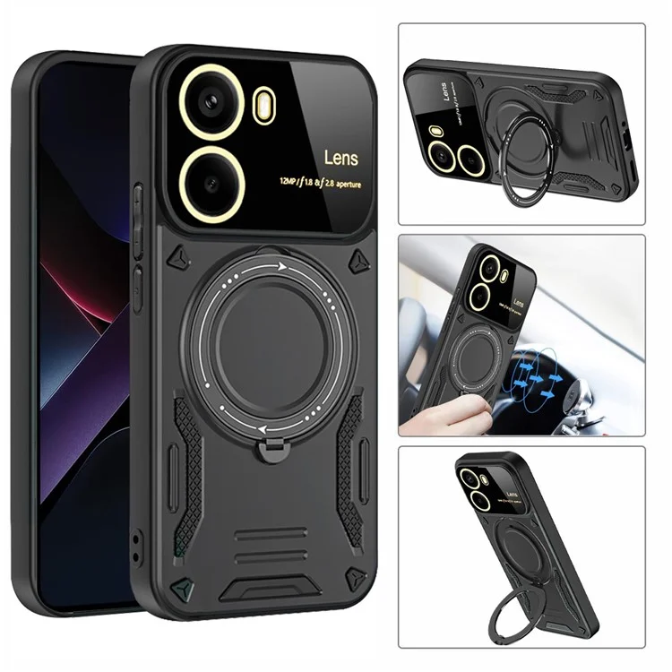 For Xiaomi Poco X7 Pro 5G Case Rotating Magnetic Kickstand PC + TPU Phone Cover - Black