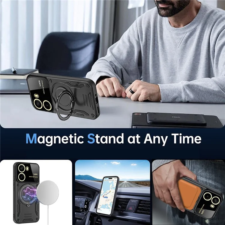 For Xiaomi Poco X7 Pro 5G Case Rotating Magnetic Kickstand PC + TPU Phone Cover - Black