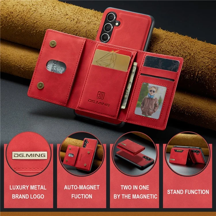 DG.MING M2 Serie für Samsung Galaxy A56 5G Hülle PU + PC + TPU Handyhülle Abnehmbares Portemonnaie - Rot