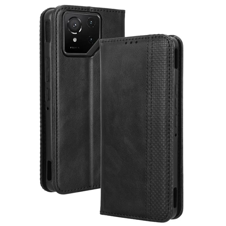 Funda tipo cartera con soporte estilo retro para Asus ROG Phone 9 5G / Phone 9 Pro 5G - Textura de cuero - Negro