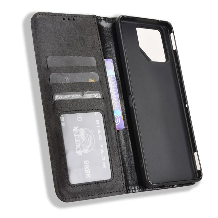 Funda tipo cartera con soporte estilo retro para Asus ROG Phone 9 5G / Phone 9 Pro 5G - Textura de cuero - Negro