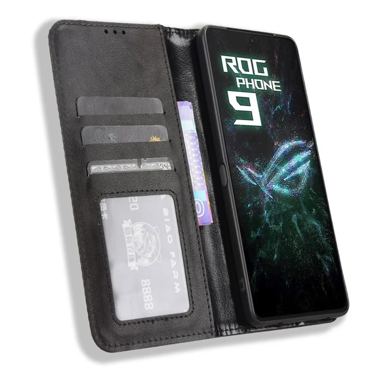 Funda tipo cartera con soporte estilo retro para Asus ROG Phone 9 5G / Phone 9 Pro 5G - Textura de cuero - Negro