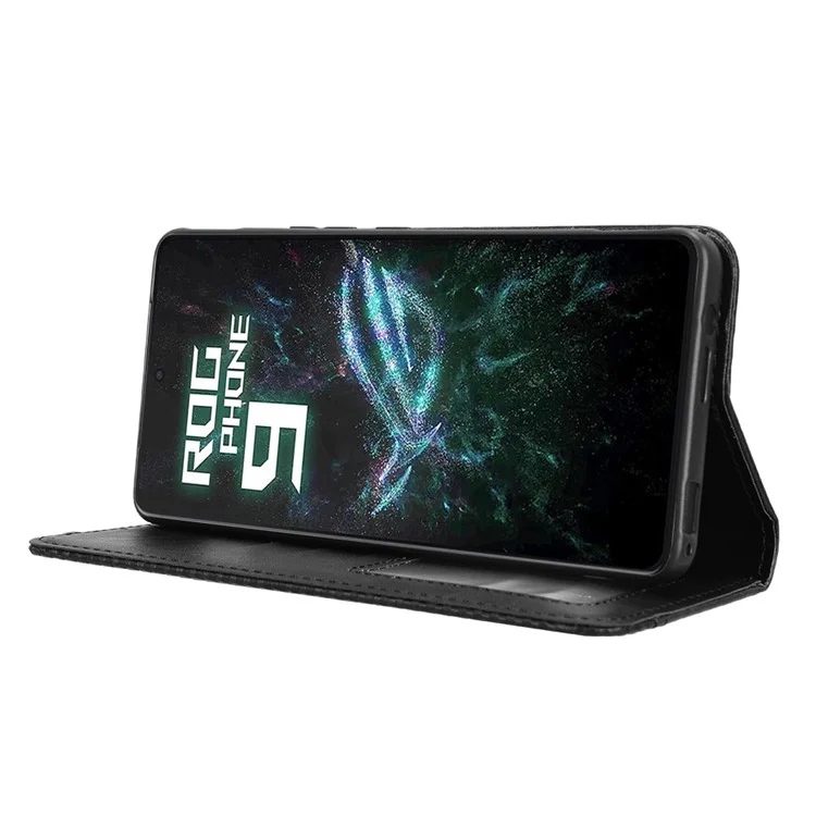 Funda tipo cartera con soporte estilo retro para Asus ROG Phone 9 5G / Phone 9 Pro 5G - Textura de cuero - Negro