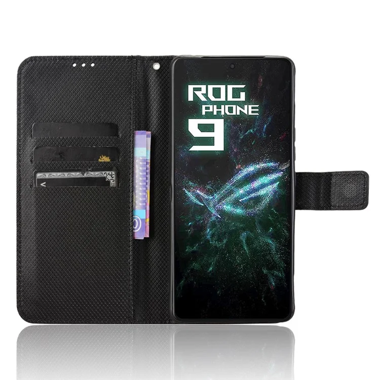 Per Asus ROG Phone 9 5G / Phone 9 Pro 5G Cover in Pelle PU con Texture Diamantata Portafoglio - Nero