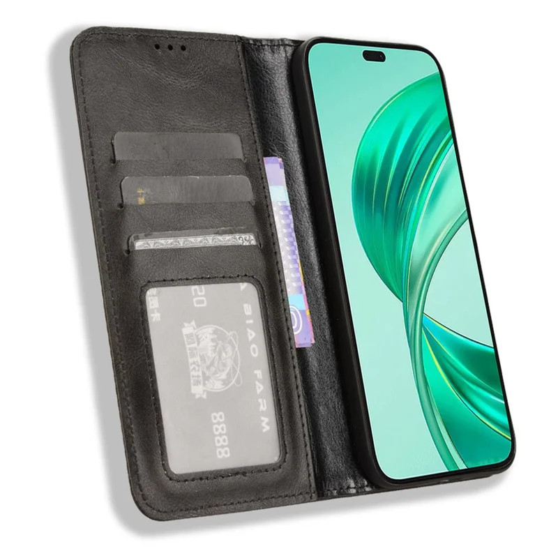 Capa de Carteira para Honor X8c 4G com Suporte Retrô, Textura de Couro - Preto