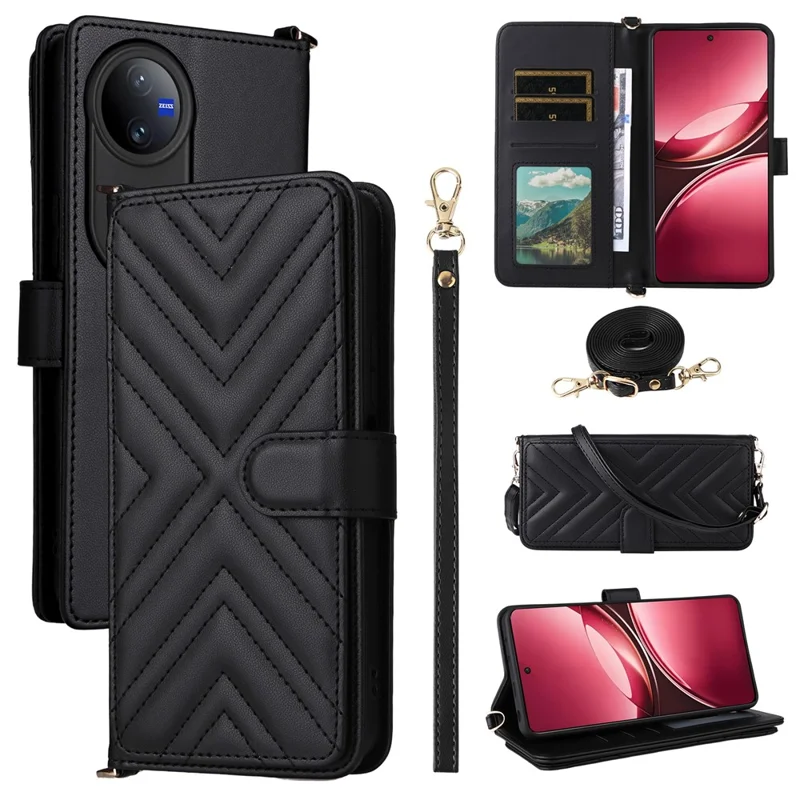 For vivo V50 5G Wallet Case with Shoulder / Wrist Strap Leather Phone Cover Stand - Black