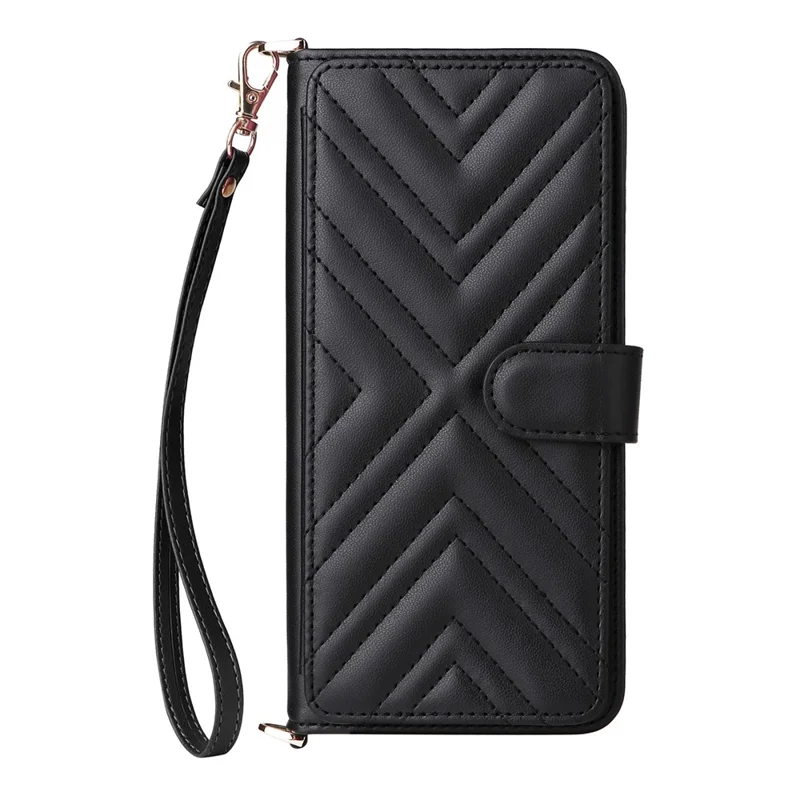 For vivo V50 5G Wallet Case with Shoulder / Wrist Strap Leather Phone Cover Stand - Black