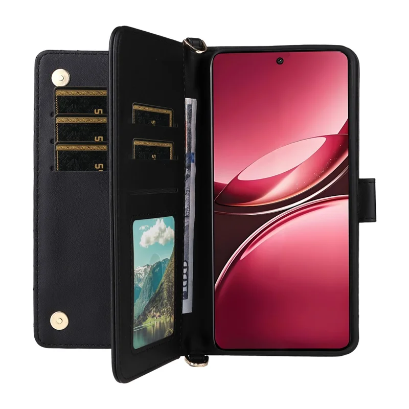 For vivo V50 5G Wallet Case with Shoulder / Wrist Strap Leather Phone Cover Stand - Black