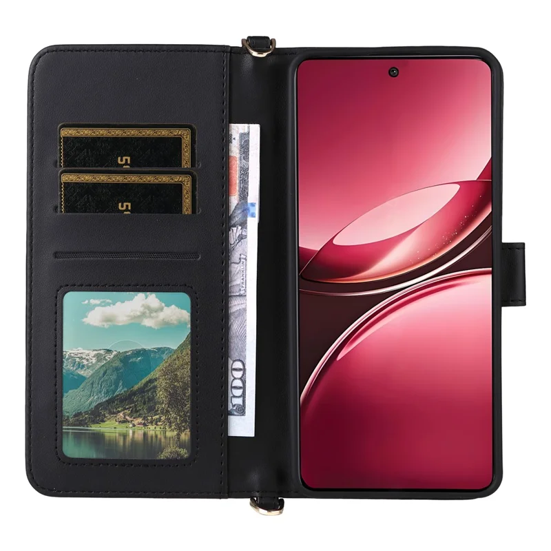 For vivo V50 5G Wallet Case with Shoulder / Wrist Strap Leather Phone Cover Stand - Black
