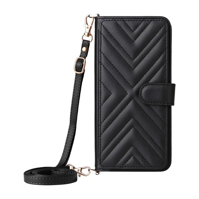 For vivo V50 5G Wallet Case with Shoulder / Wrist Strap Leather Phone Cover Stand - Black