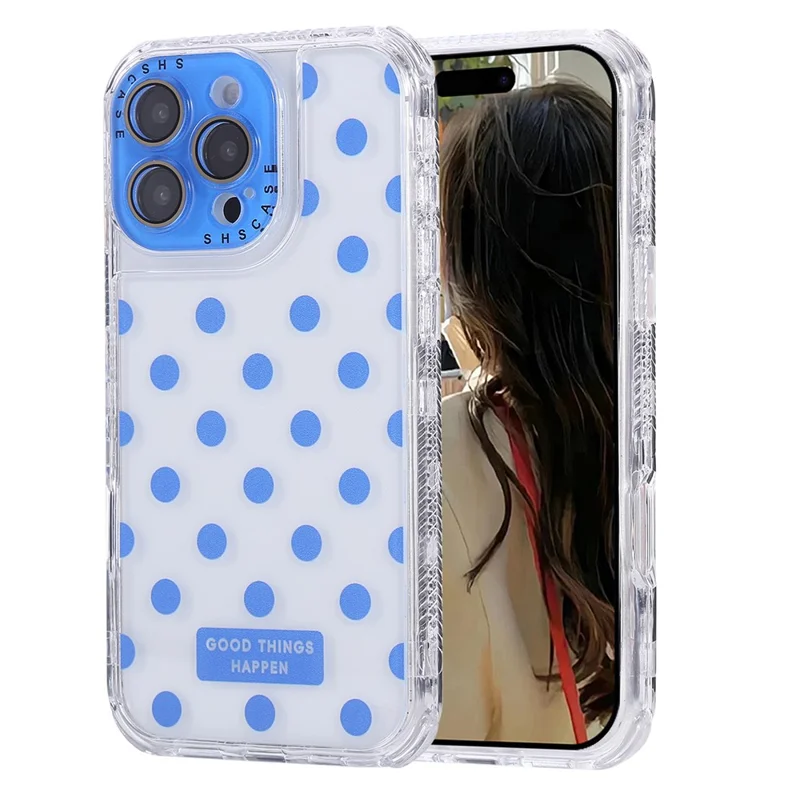 For iPhone 16 Pro Max Case Polka Dot Pattern PC + TPU Phone Cover with Lens Film - Blue