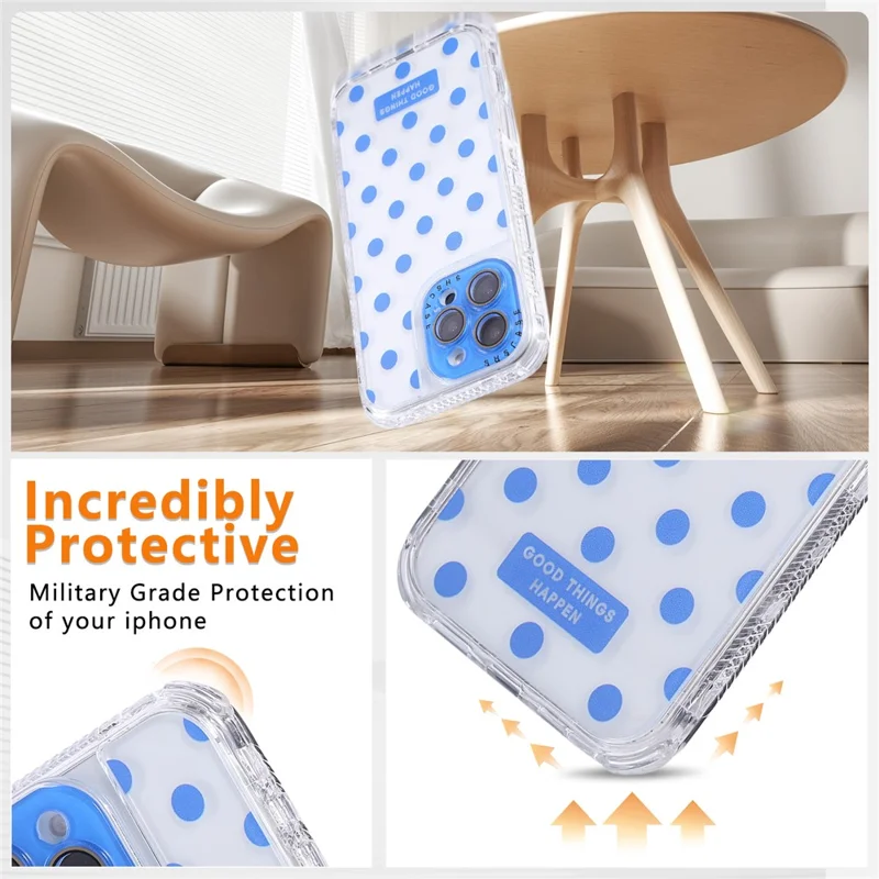 For iPhone 16 Pro Max Case Polka Dot Pattern PC + TPU Phone Cover with Lens Film - Blue