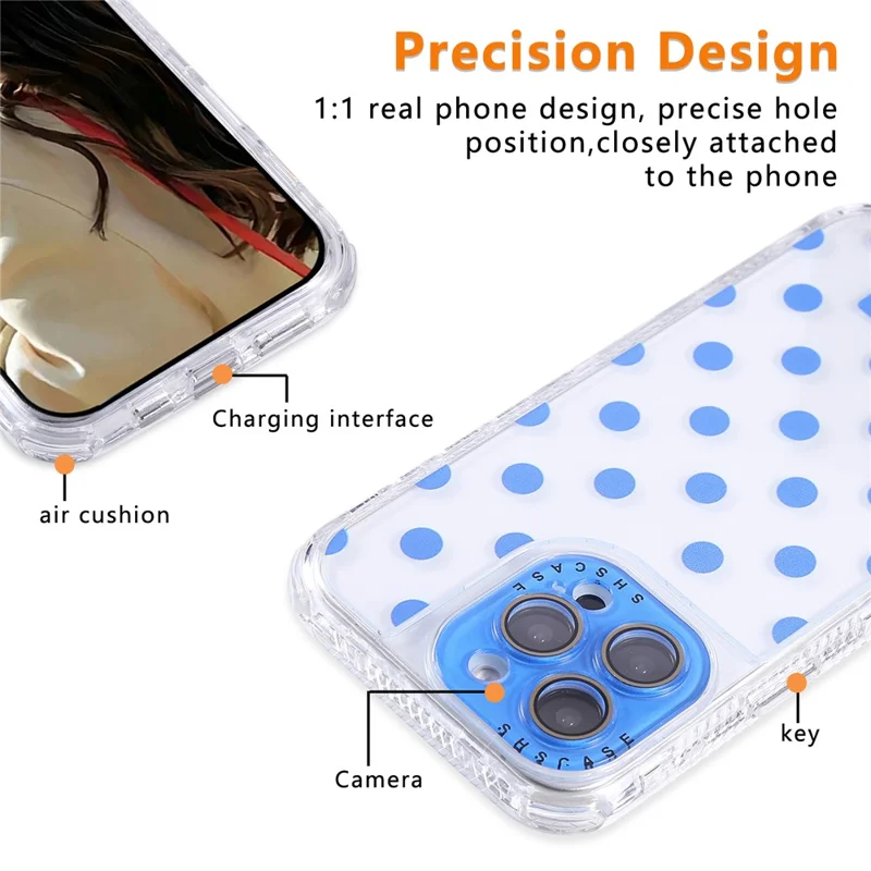 For iPhone 16 Pro Max Case Polka Dot Pattern PC + TPU Phone Cover with Lens Film - Blue