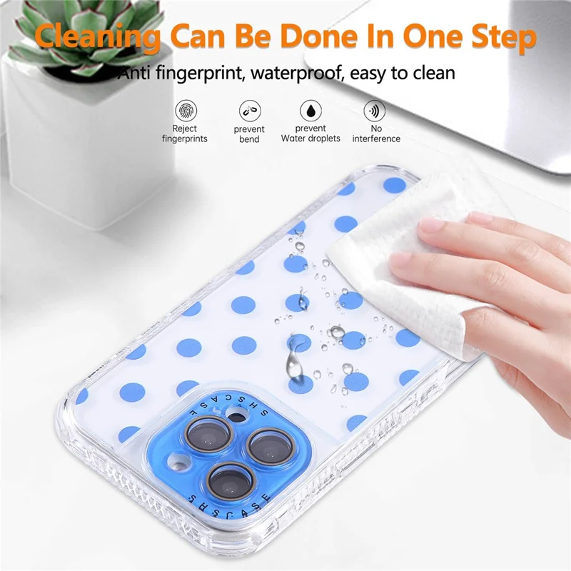 For iPhone 16 Pro Max Case Polka Dot Pattern PC + TPU Phone Cover with Lens Film - Blue