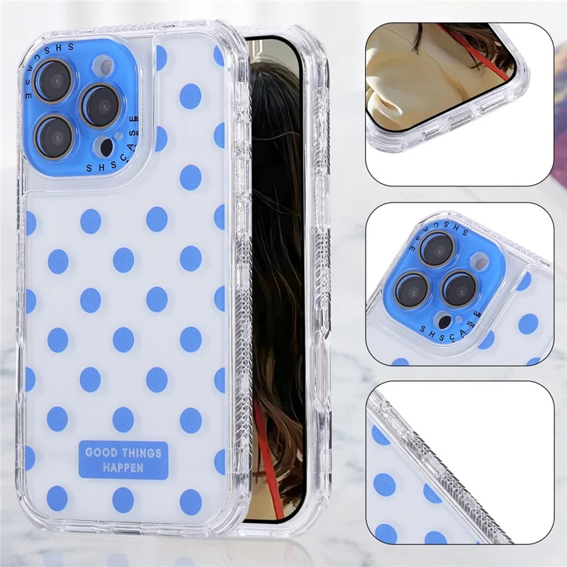For iPhone 16 Pro Max Case Polka Dot Pattern PC + TPU Phone Cover with Lens Film - Blue