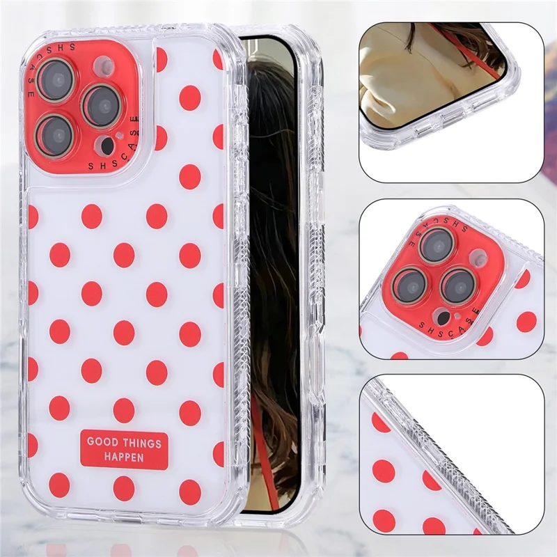 For iPhone 16 Pro Max Case Polka Dot Pattern PC + TPU Phone Cover with Lens Film - Red