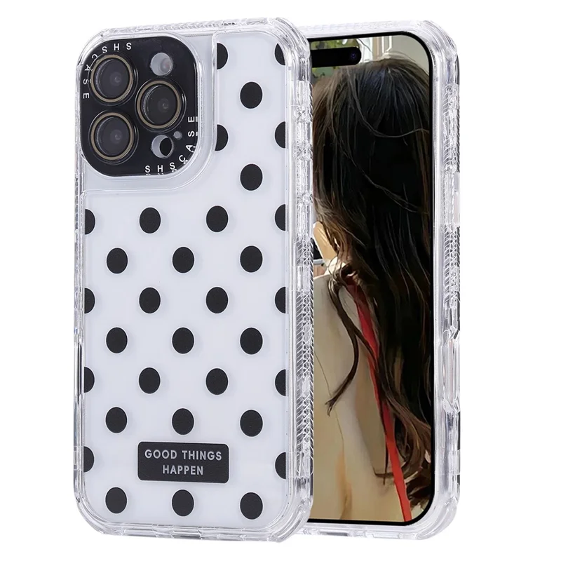 For iPhone 16 Pro Case Polka Dot Pattern Clear PC + TPU Phone Cover with Lens Film - Black