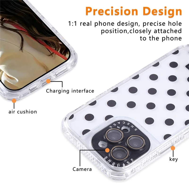 For iPhone 16 Pro Case Polka Dot Pattern Clear PC + TPU Phone Cover with Lens Film - Black